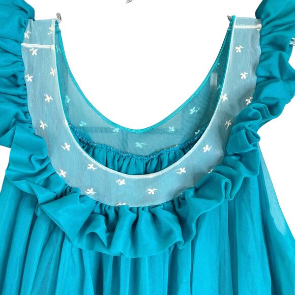 Vintage Nylon Ruffle Baby Doll Blue Sleeveless Nightgown 70's Style - Picture 5 of 9